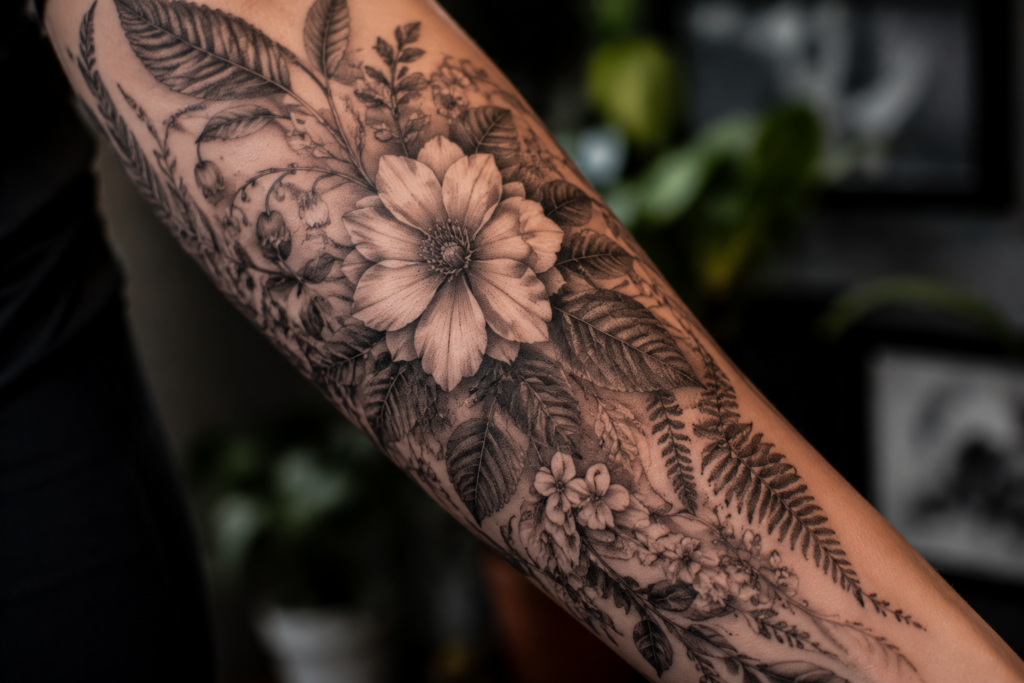 Close up realistic botanical biophilic tattoo with flowers leaves and detailed black and gray shading