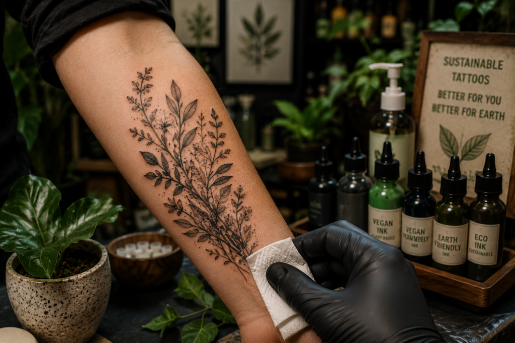 Close-up sustainable tattoo on forearm with botanical patterns using eco-friendly vegan inks