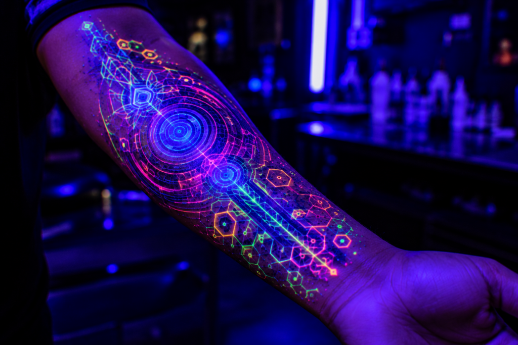 Forearm with bright UV-reactive neon tattoo under blacklight