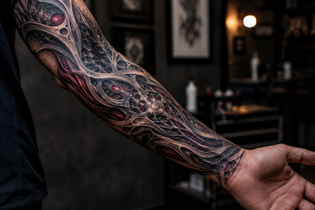 Full forearm bio-organic tattoo sleeve with flowing biomechanical patterns