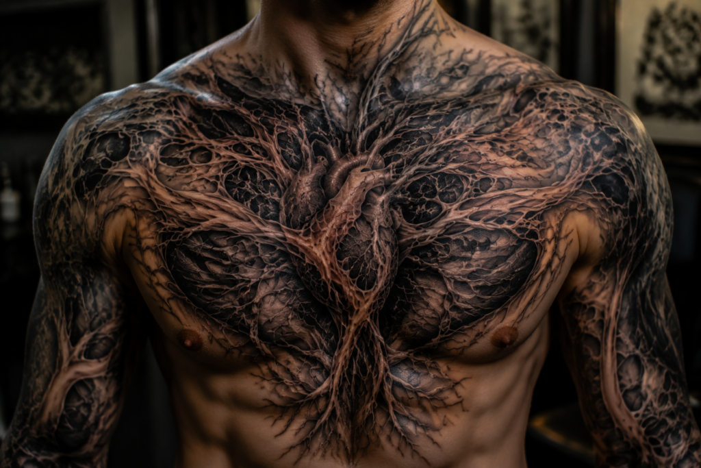 Futuristic bio-organic chest tattoo combining human anatomy roots