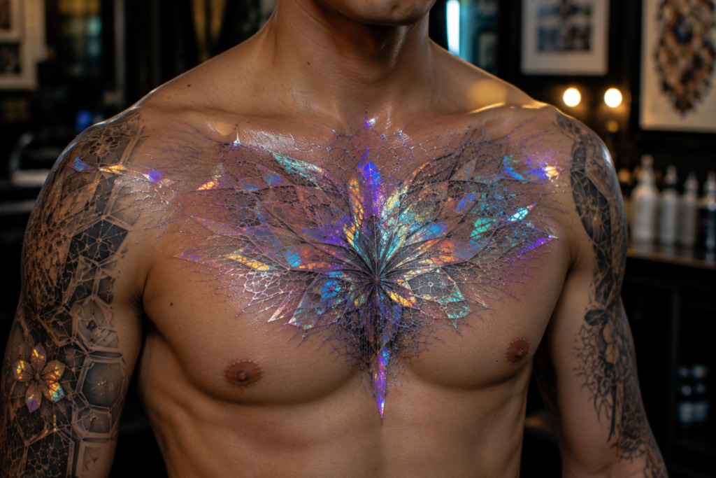 Holographic chest tattoo with shifting reflective inks and geometric design