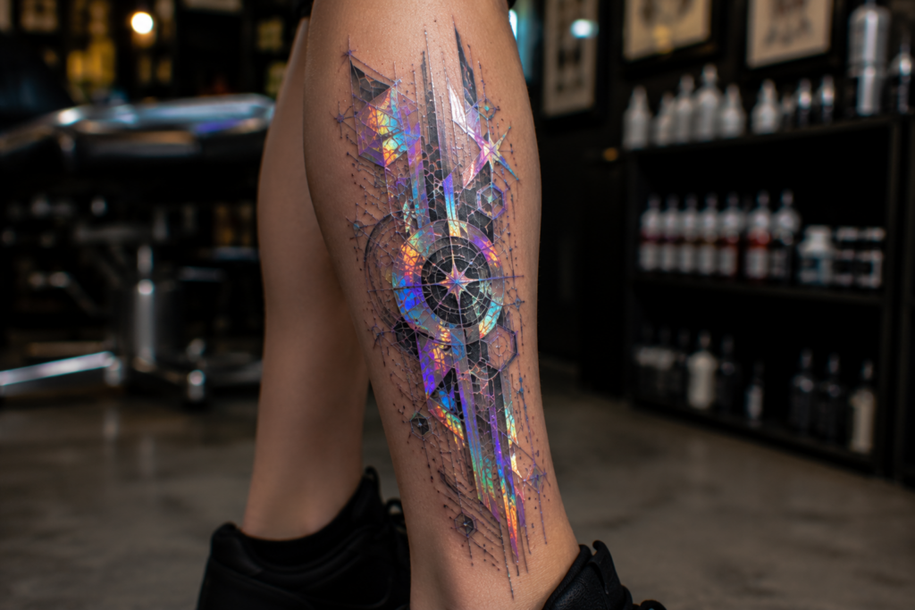 Holographic tattoo on leg with shimmering iridescent pigments and abstract geometric design