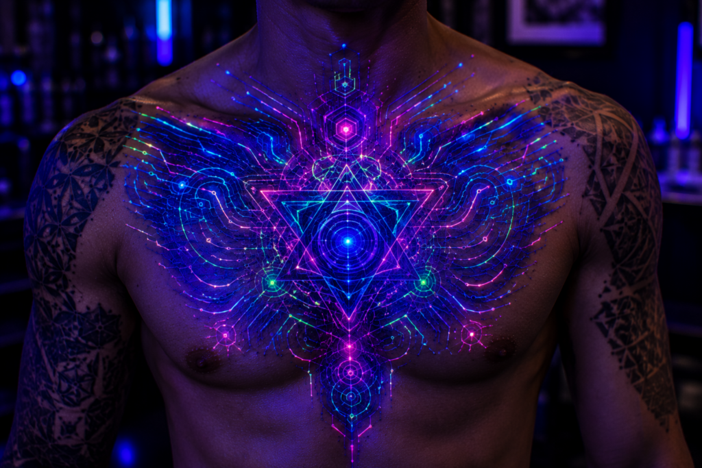 Interactive glow chest tattoo with layered neon patterns and UV-reactive ink