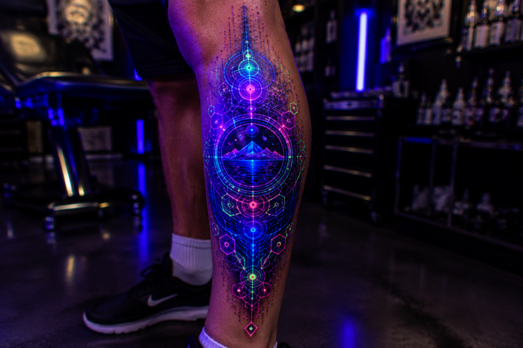 Interactive glow tattoo on leg with neon UV patterns and layered artistic details