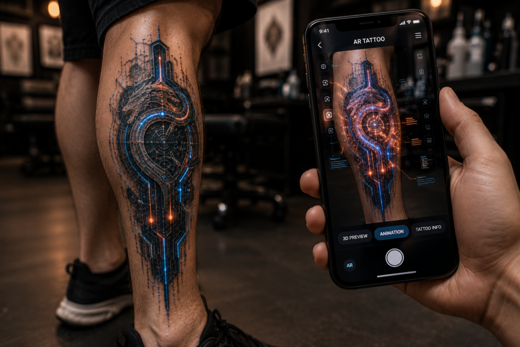 Leg AR tattoo showing augmented reality interactive effects with glowing details