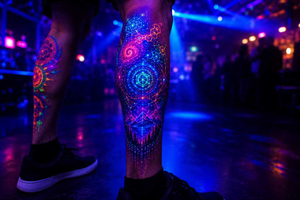 Leg tattoo glowing in club environment under UV lights