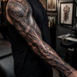 Realistic bio-organic tattoo sleeve combining futuristic biomechanical elements