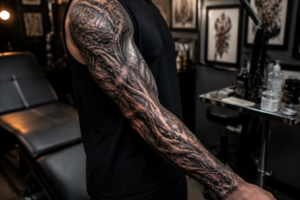Realistic bio-organic tattoo sleeve combining futuristic biomechanical elements