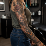 Realistic biophilic tattoo sleeve featuring botanical elements leaves flowers and natural textures