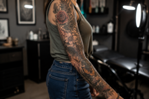 Realistic biophilic tattoo sleeve featuring botanical elements leaves flowers and natural textures