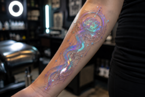 Realistic holographic tattoo on forearm with shimmering iridescent inks and shifting color effects