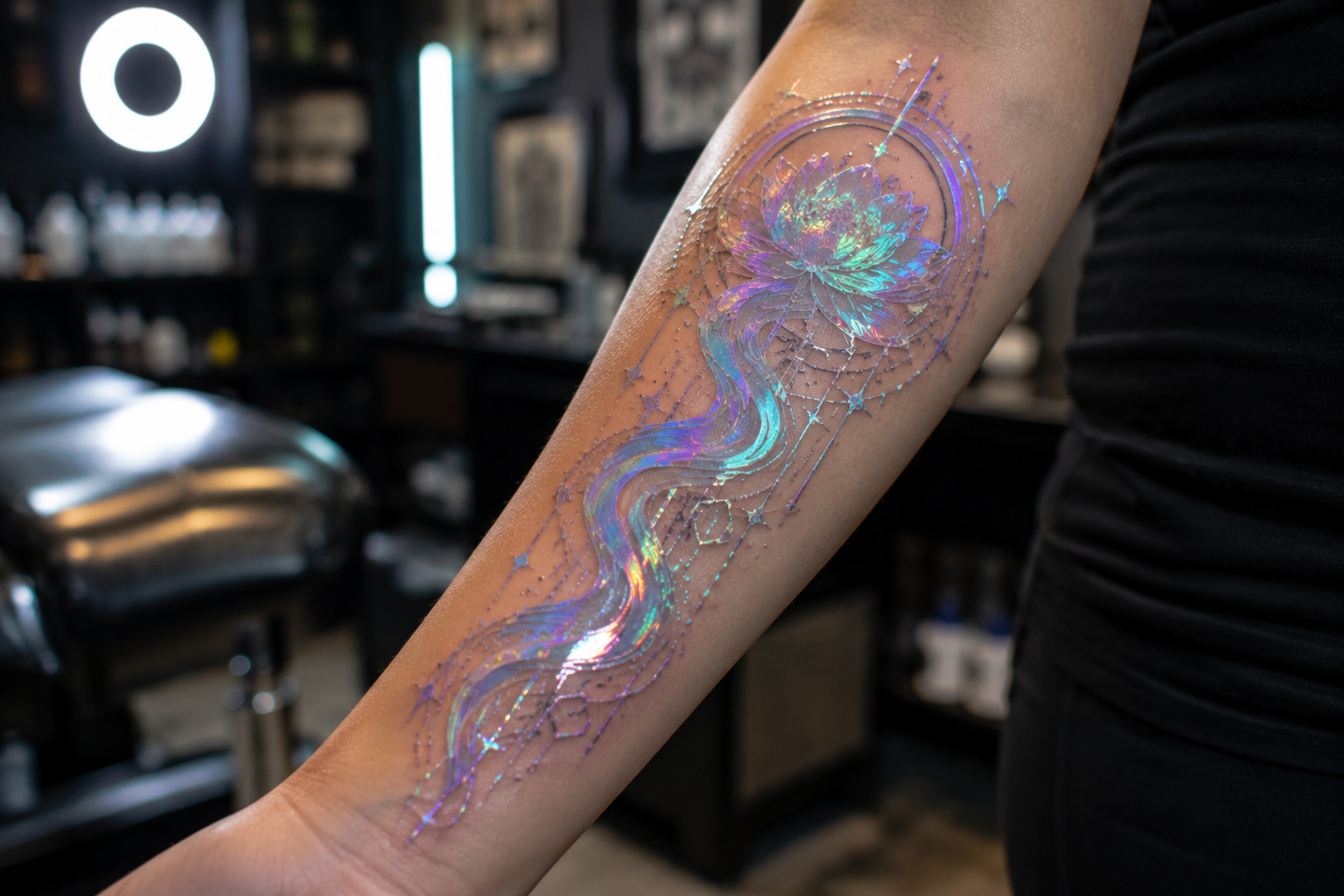 Realistic holographic tattoo on forearm with shimmering iridescent inks and shifting color effects