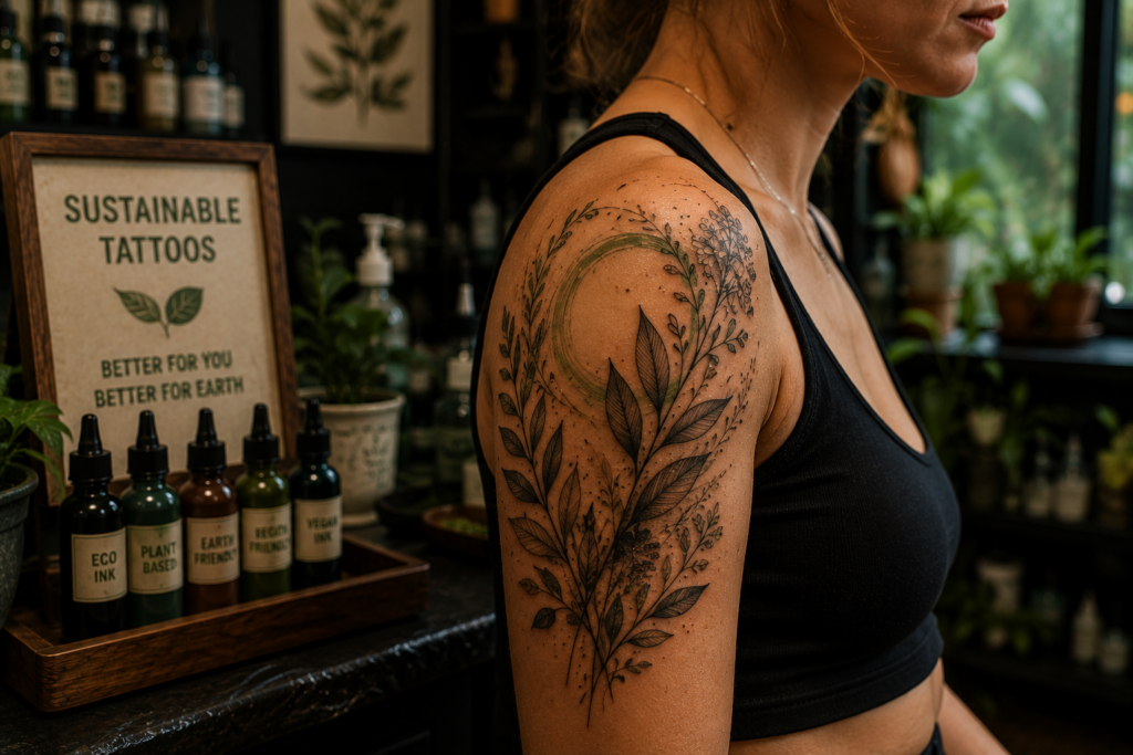 Realistic shoulder tattoo with nature-inspired designs using biodegradable inks