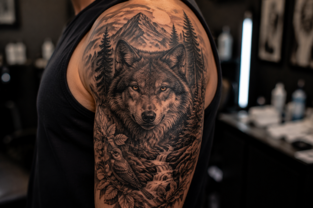 Realistic wildlife inspired biophilic tattoo featuring wolf forest