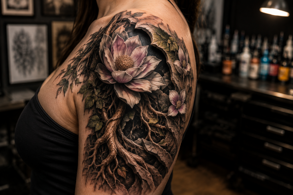 3D nature tattoo with layered roots and flowers creating realistic depth effects