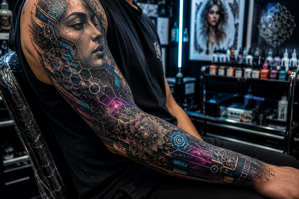 AI-inspired futuristic tattoo sleeve with geometric patterns