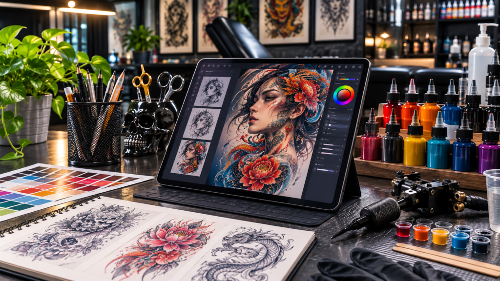 AI tattoo artwork displayed on tablet beside tattoo equipment