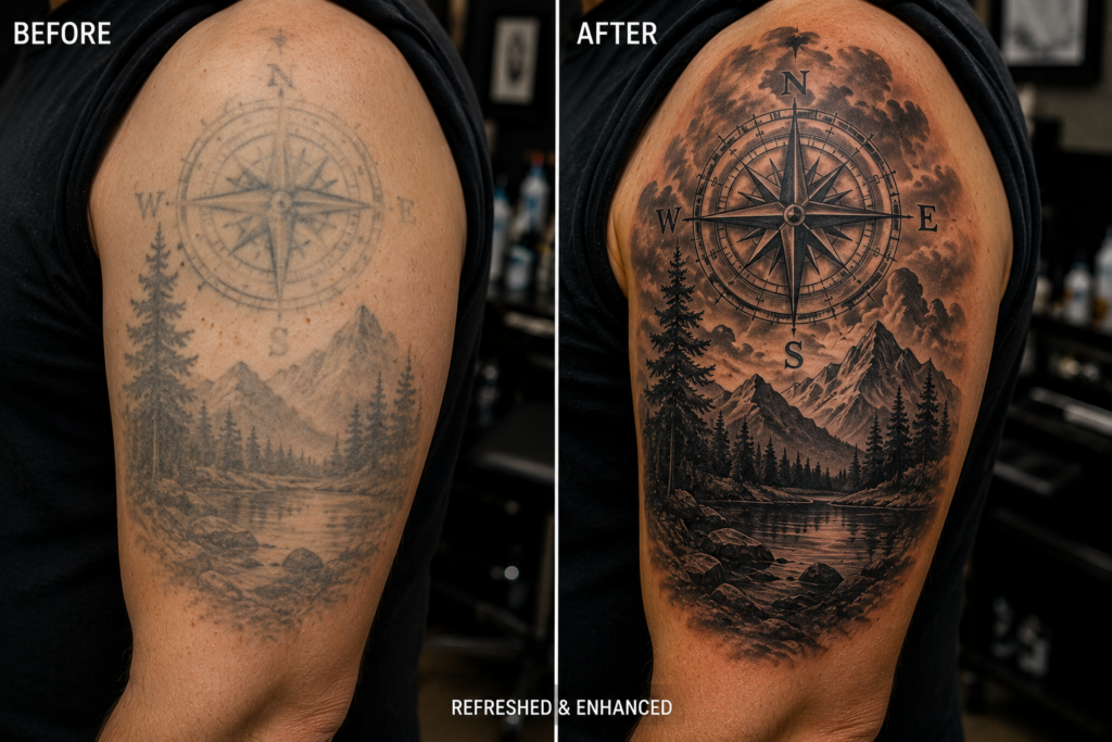 Before and after comparison showing tattoo aging and color preservation