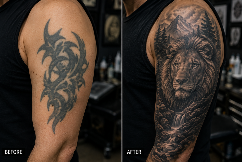 Before and after tattoo cover up transformation