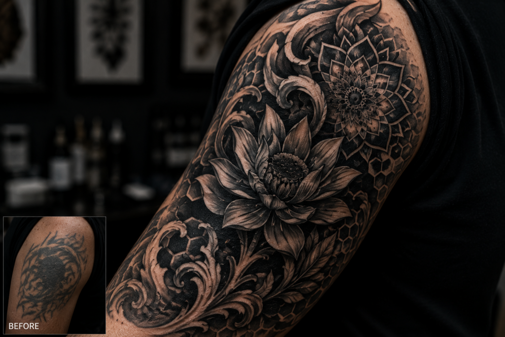 Close-up blackwork tattoo cover up