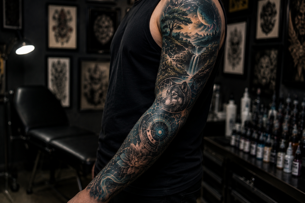 Completed sleeve tattoo featuring nature futuristic and abstract elements