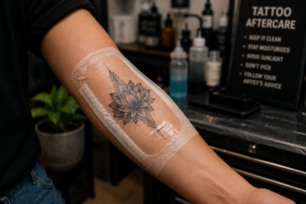 Fresh tattoo protected by breathable bandage to prevent infection and aid healing