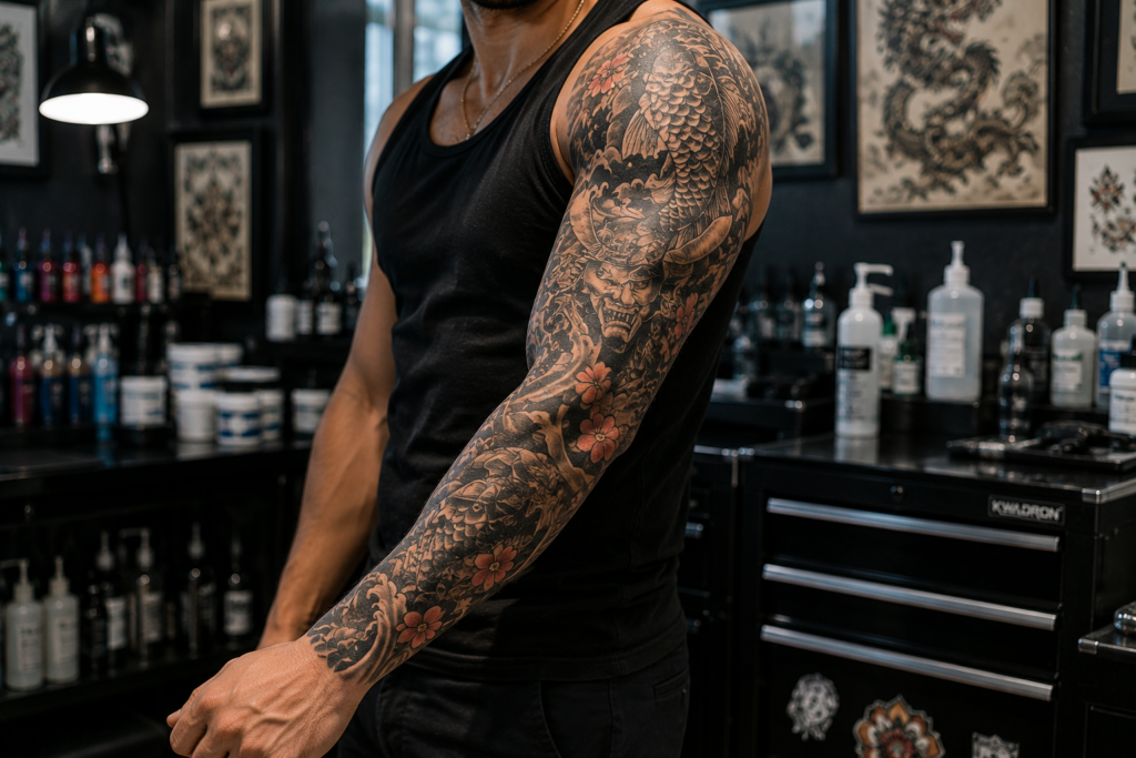 Full sleeve tattoo showing natural arm placement and design flow