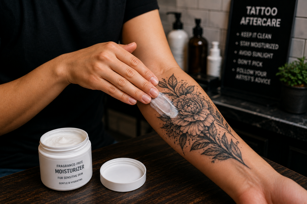 Person applying fragrance-free moisturizer to healing tattoo to maintain skin hydration