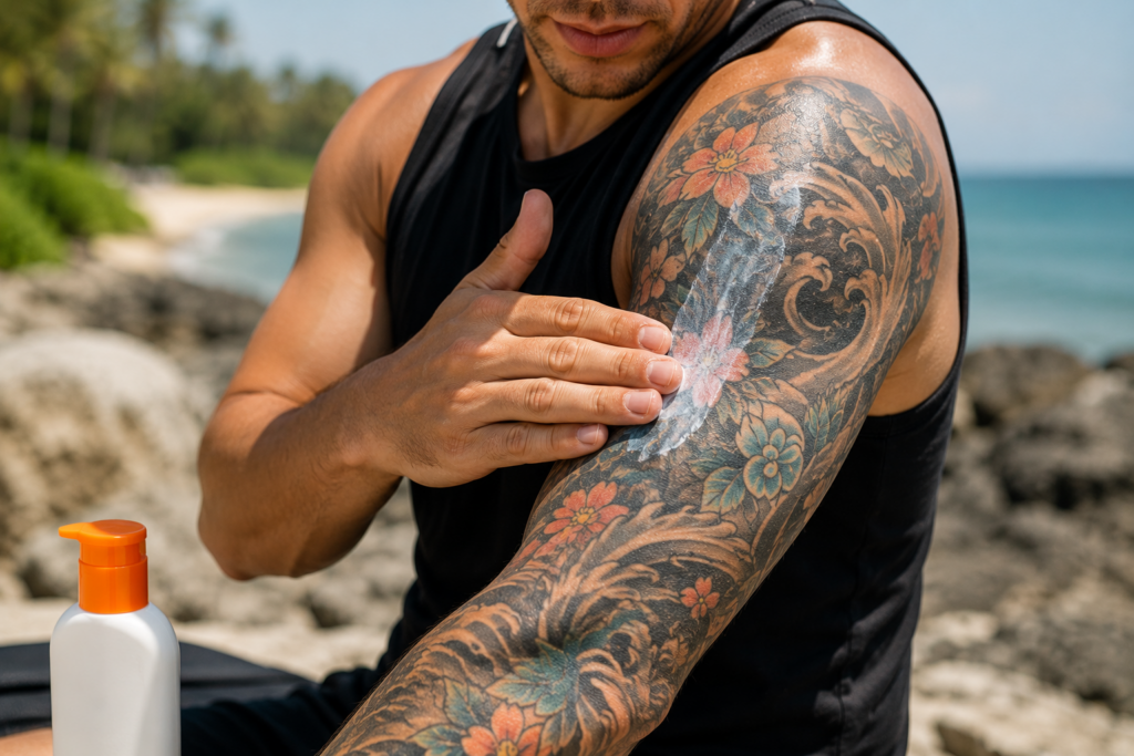 Person applying sunscreen to protect healed tattoo from UV fading