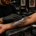 Professional tattoo artist applying aftercare ointment to freshly inked forearm in studio