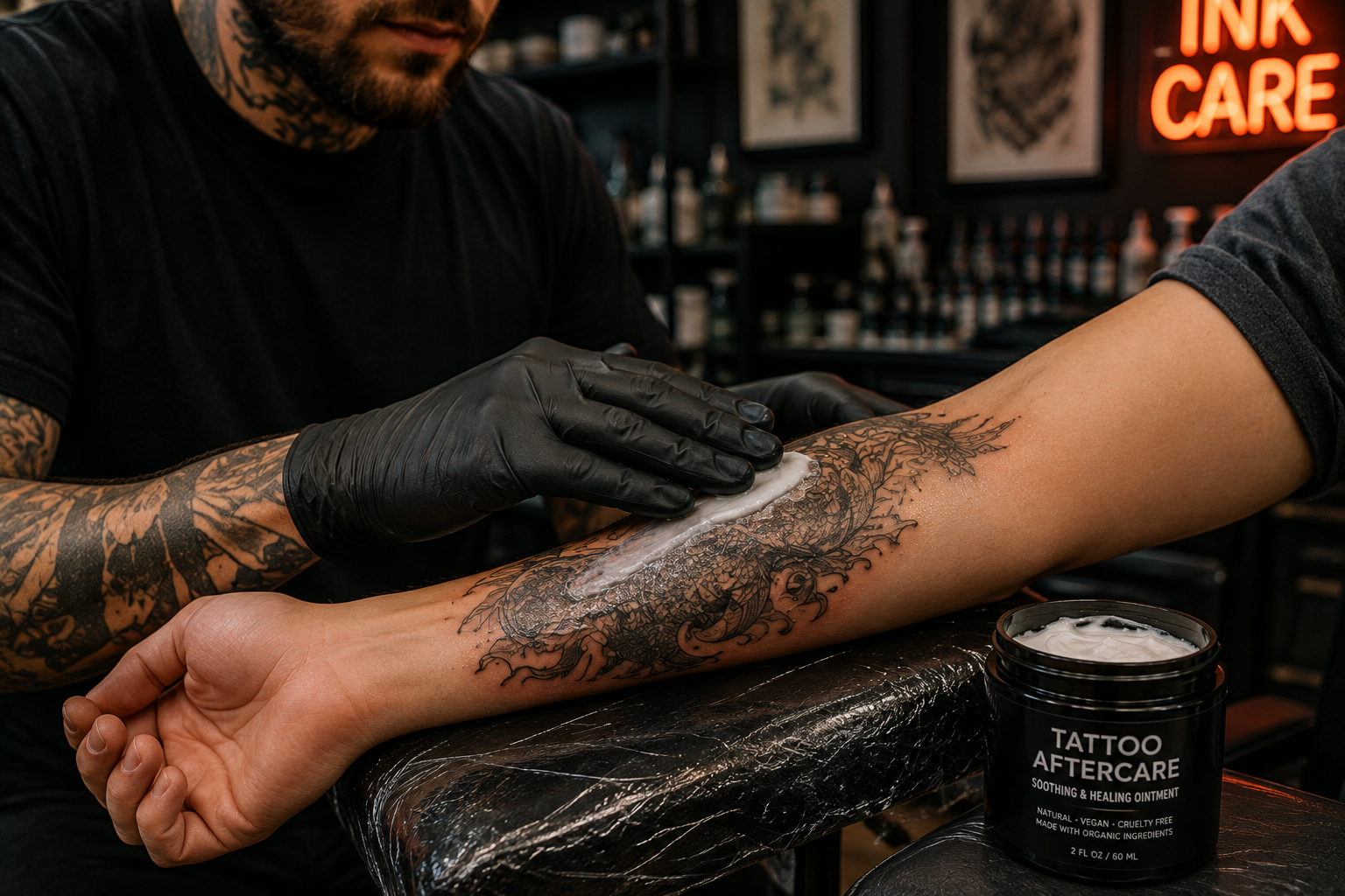 Professional tattoo artist applying aftercare ointment to freshly inked forearm in studio