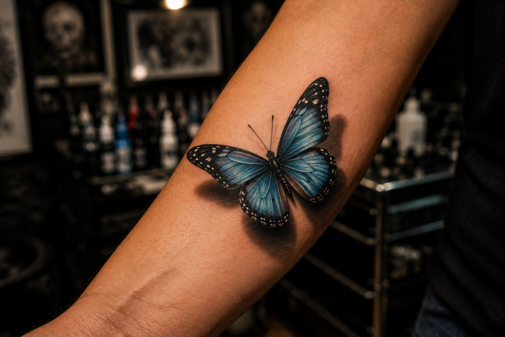 Realistic 3D butterfly tattoo with detailed wings appearing above skin