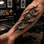 Realistic 3D illusion tattoo appearing to rise from skin