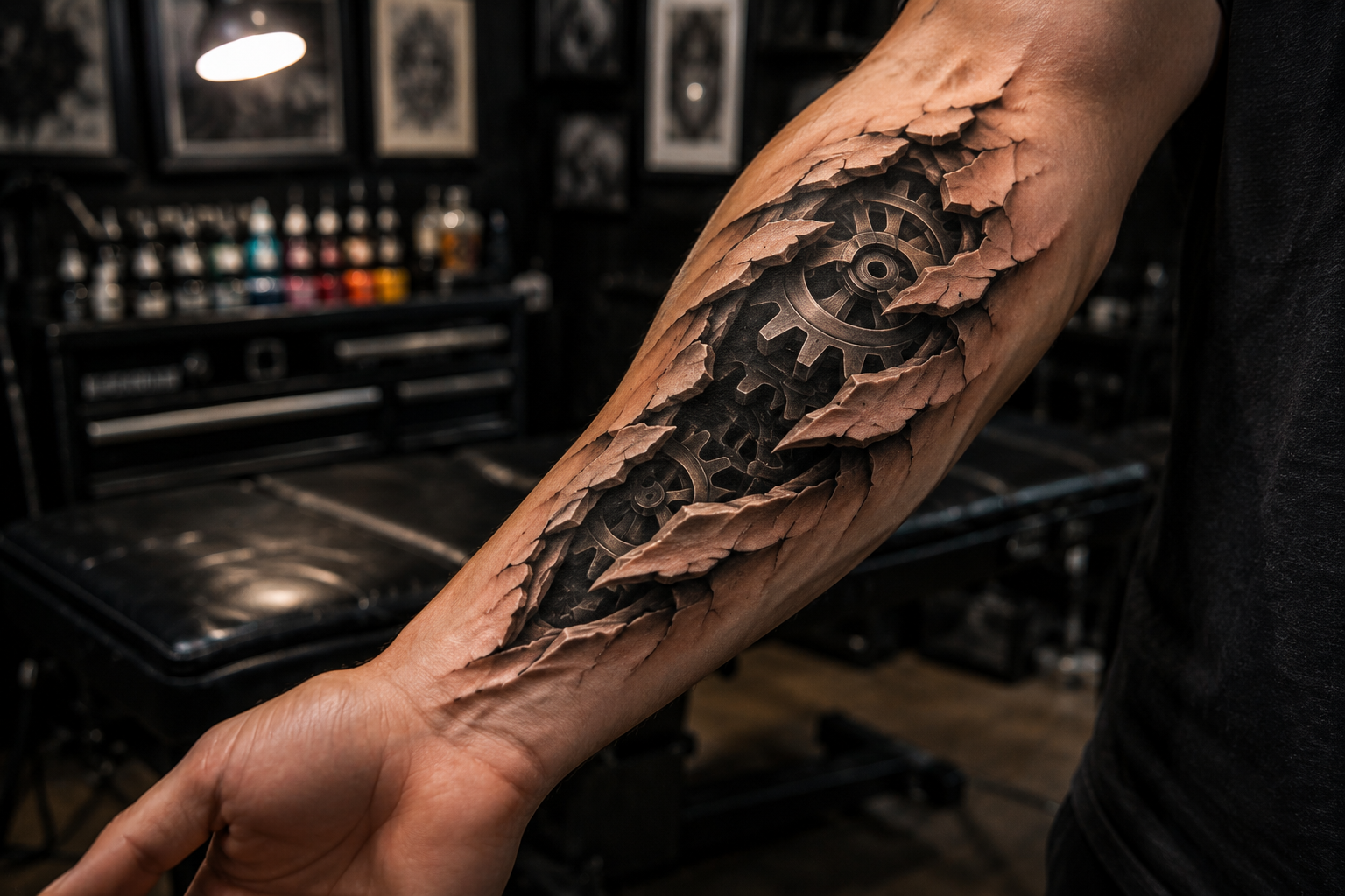 Realistic 3D illusion tattoo appearing to rise from skin