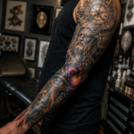 Realistic full arm tattoo sleeve with custom mixed styles