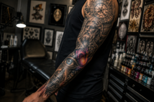 Realistic full arm tattoo sleeve with custom mixed styles