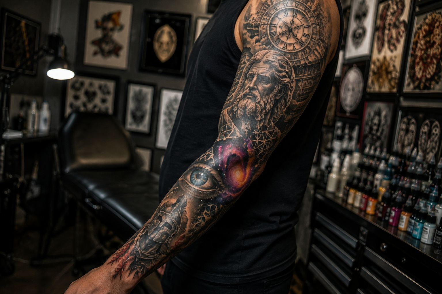Realistic full arm tattoo sleeve with custom mixed styles