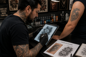 Realistic tattoo artist creating cover up tattoo design
