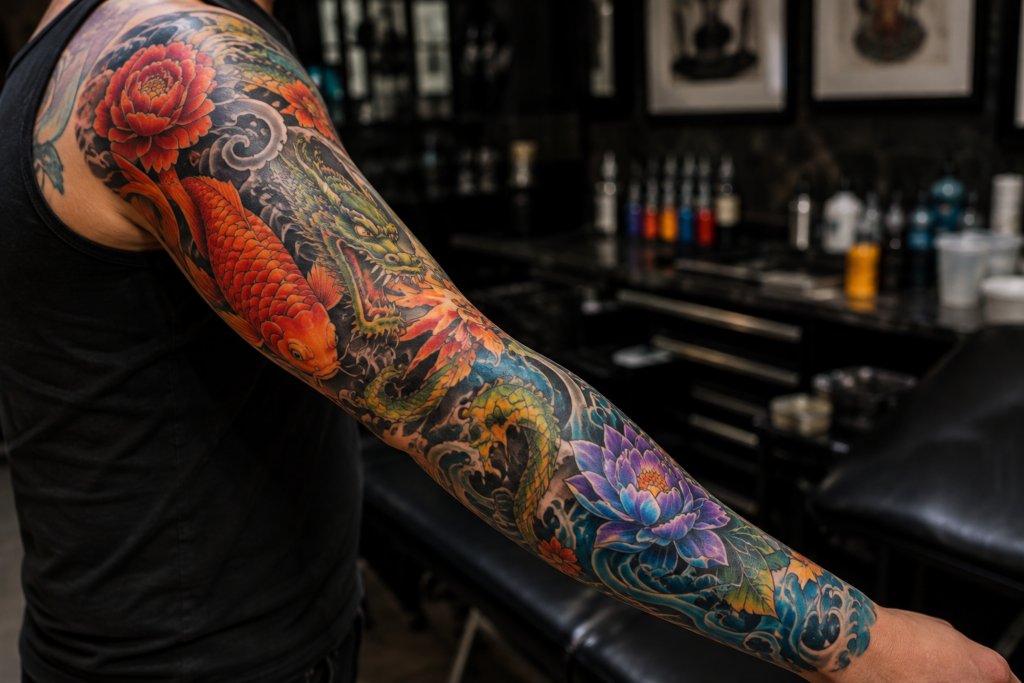 Realistic tattoo sleeve featuring multiple colors