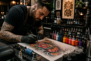 Tattoo artist creating a colorful custom tattoo design
