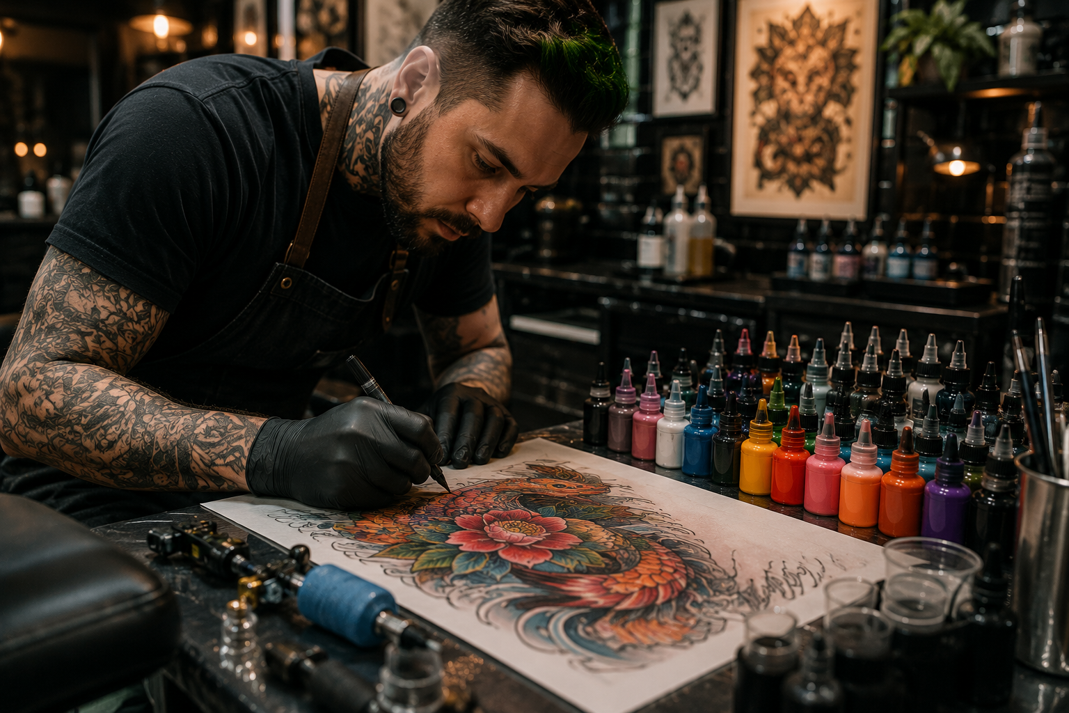Tattoo artist creating a colorful custom tattoo design