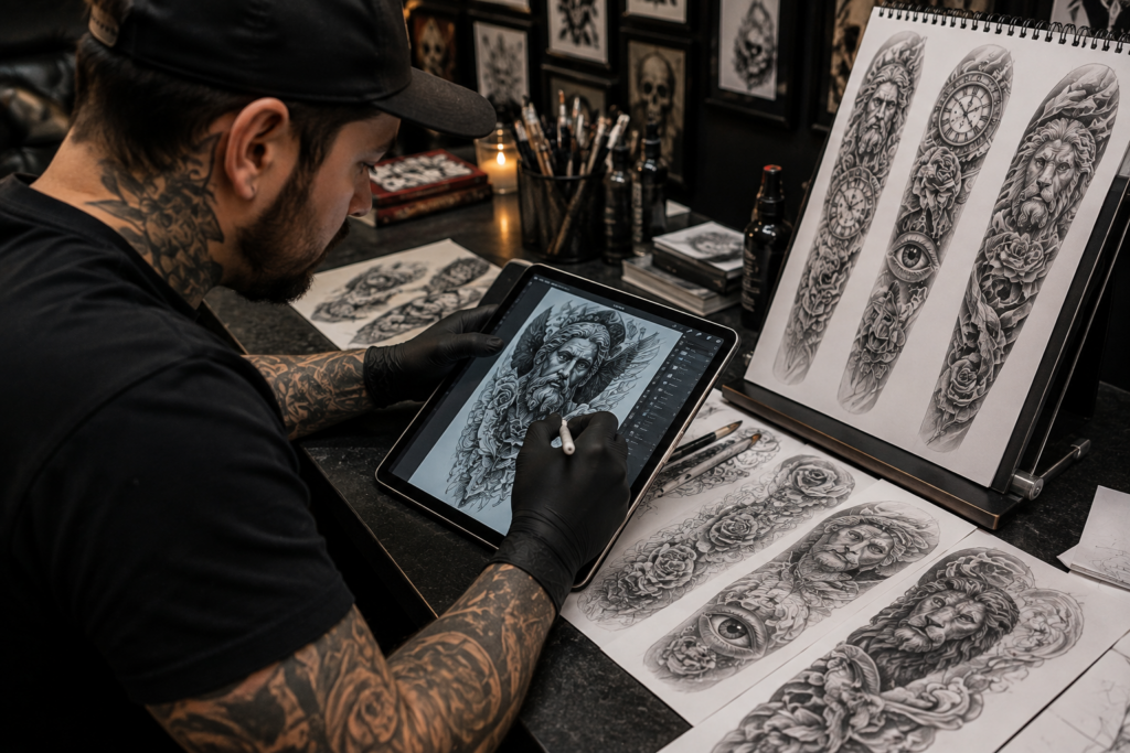 Tattoo artist creating personalized sleeve tattoo design