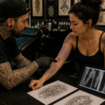 Tattoo artist discussing placement options with client