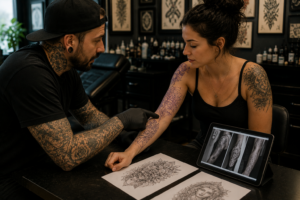 Tattoo artist discussing placement options with client
