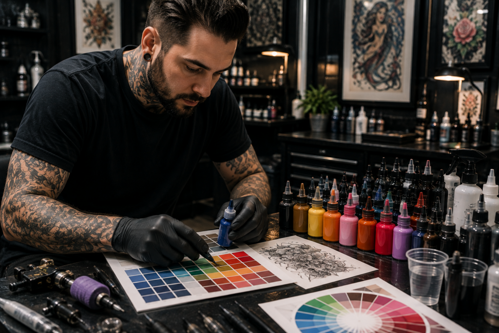 Tattoo artist selecting ink colors for custom tattoo design
