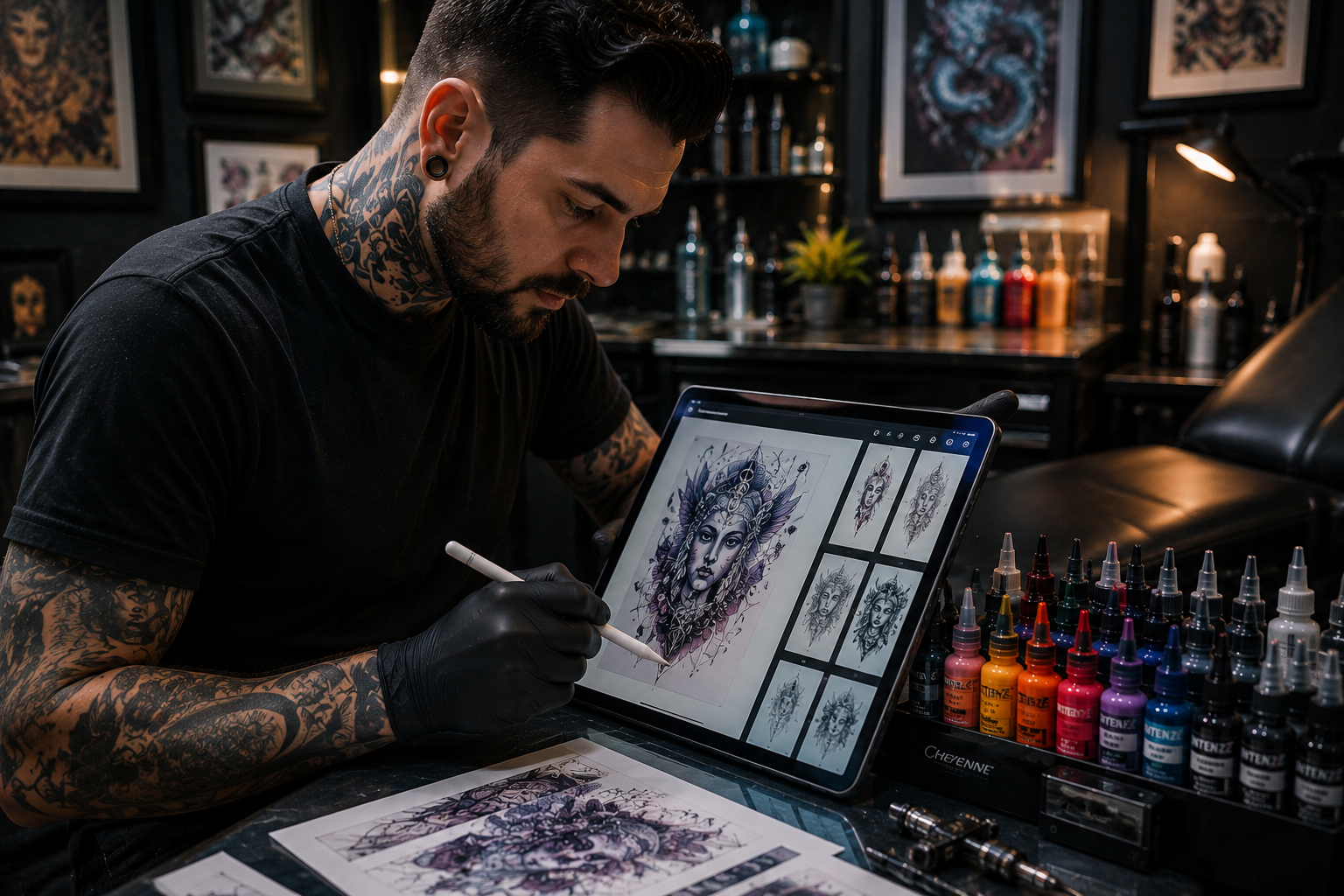 Tattoo artist using AI-generated tattoo designs on digital tablet