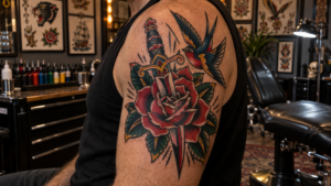 American Traditional tattoo with bold outlines and classic rose dagger and swallow imagery