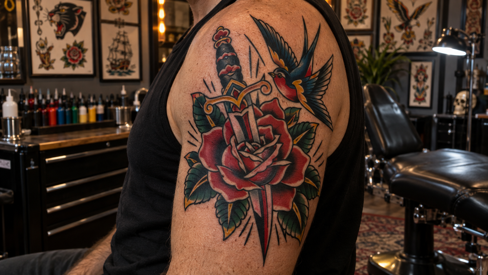 American Traditional tattoo with bold outlines and classic rose dagger and swallow imagery