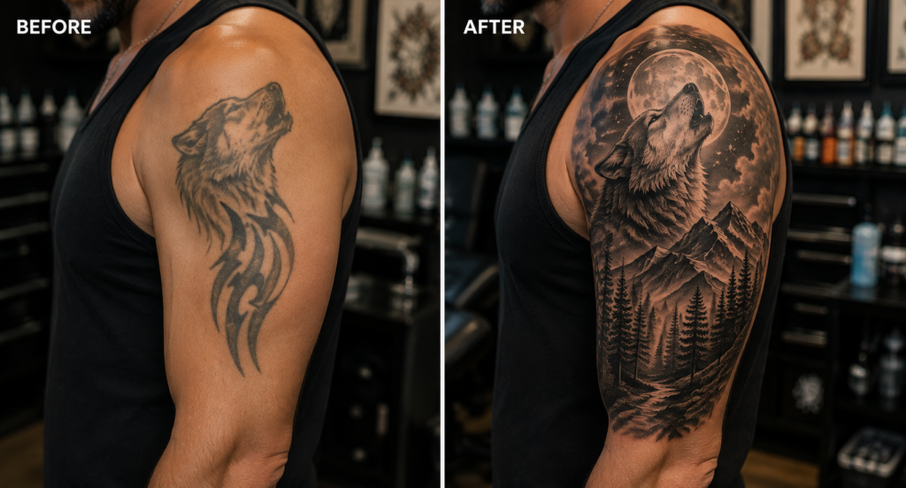 Before and after tattoo transformation showing creative redesign of old ink